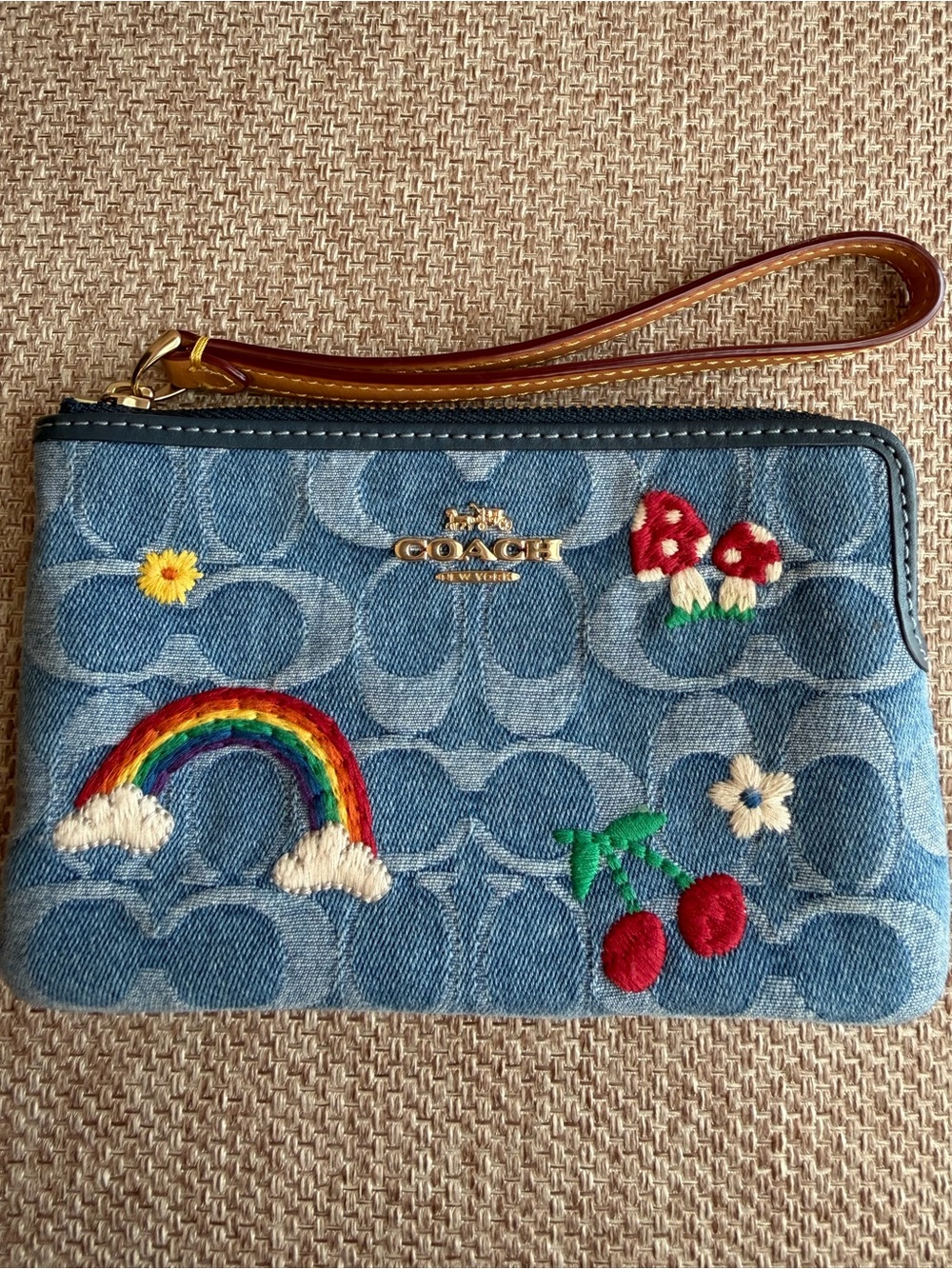 Coach Denim Wristlet with Rainbow, Cherries & Embroidered Accents